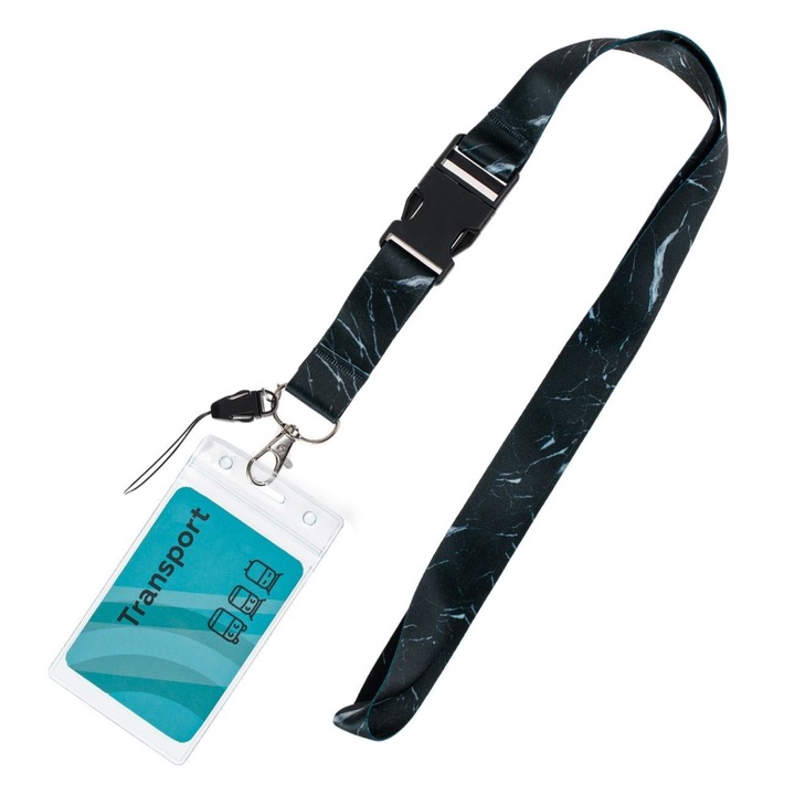 Ecuson Legitimatie Flexibil 9x6 cm, cu Snur Lat Negru Marble 55 cm si Clips Detasabil