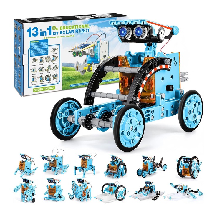 Set de creatie roboti cu energie solara, BOMSTOM, 13 in 1 kit de robotica pentru experimente educationale, 28x7x18cm, pentru copii de la 8 ani, pentru a construi diferite tipuri de roboti, Albastru