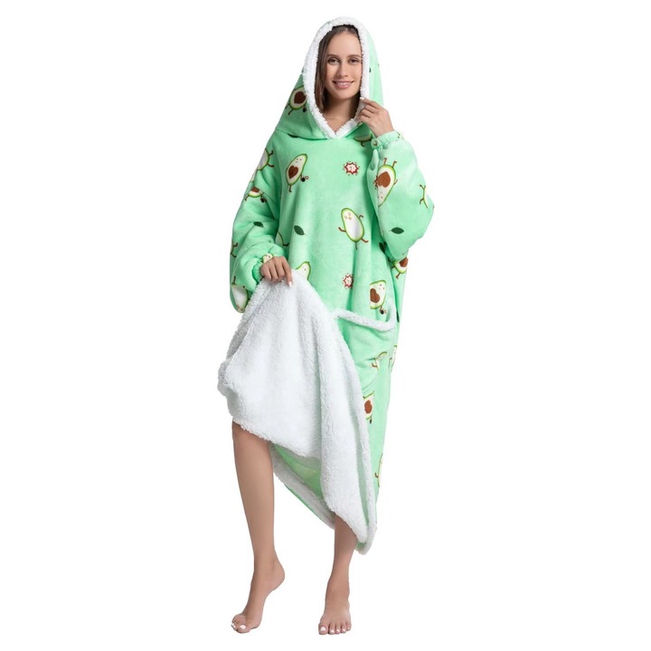 TillyBilly extra hosszú pulóver kapucnival, ujjakkal és zsebekkel, túlméretezett kapucnis pulcsi, ultra puha, könnyű és meleg polár női és férfi számára, BOMB AVOCADO