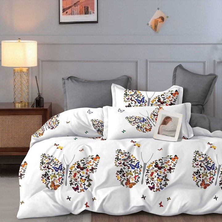 Двойно спално бельо, Finet, Pucioasa, 6 части, Чаршаф с плъзгаща се подплата 230x250 см, Плик за завивка 200x230 см, 2 калъфки за възглавници 75x75 см, 2 калъфки за възглавници 55x80 см. листовки