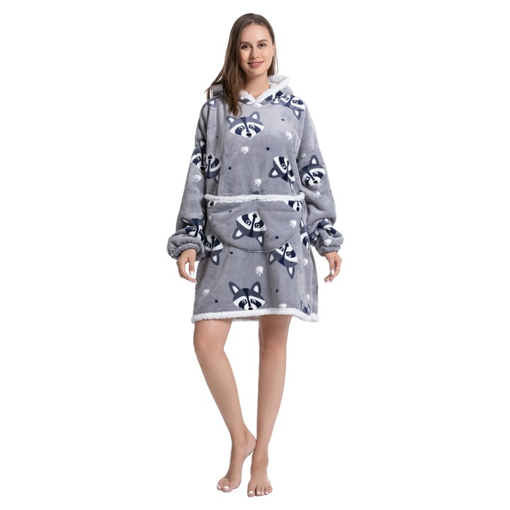 TillyBilly pulóver takaró ujjal, kapucnival és zsebekkel, kapucnis pulcsi, ultra puha, könnyű és meleg, sarki szőrös, RACCOON modell