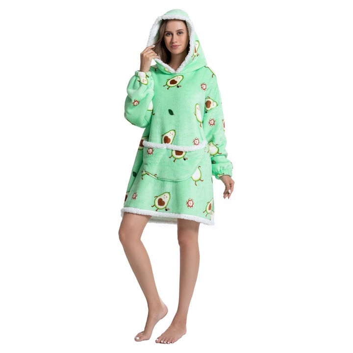 TillyBilly pulóver takaró ujjakkal, kapucnival és zsebekkel, kapucnis pulcsi, ultra puha, könnyű és meleg, sarki szőrös, BOMB AVOCADO modell