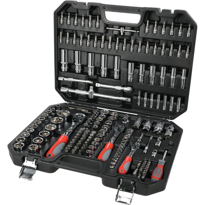 Set chei cu tubulare 179 piese 1/2 3/8 1/4 Proline, din otel CrV, cu cutie de depozitare