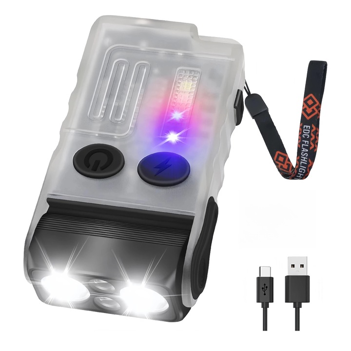 EDC фенерче, UV 365nm, червена/зелена светлина, въртене на 180°, 900LM, презареждаемо USB-C, IP65, 120dB, бяло