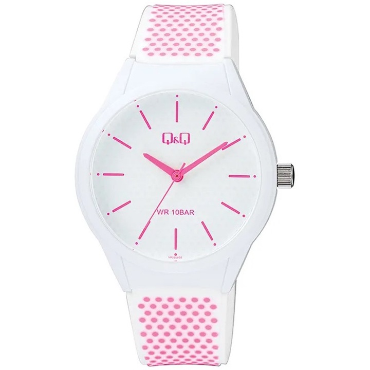 Q&Q női karóra, quartz, fehér színű műanyag tok, fehér színű számlap, fehér színű rózsaszínes pöttyös műanyag szíj, VR28J032Y