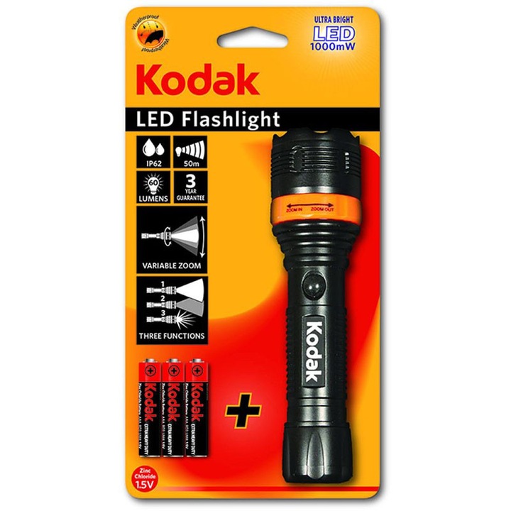 LED фенер Kodak, 1000mW, 60lm, IP62, zoom, 3 функции, черен