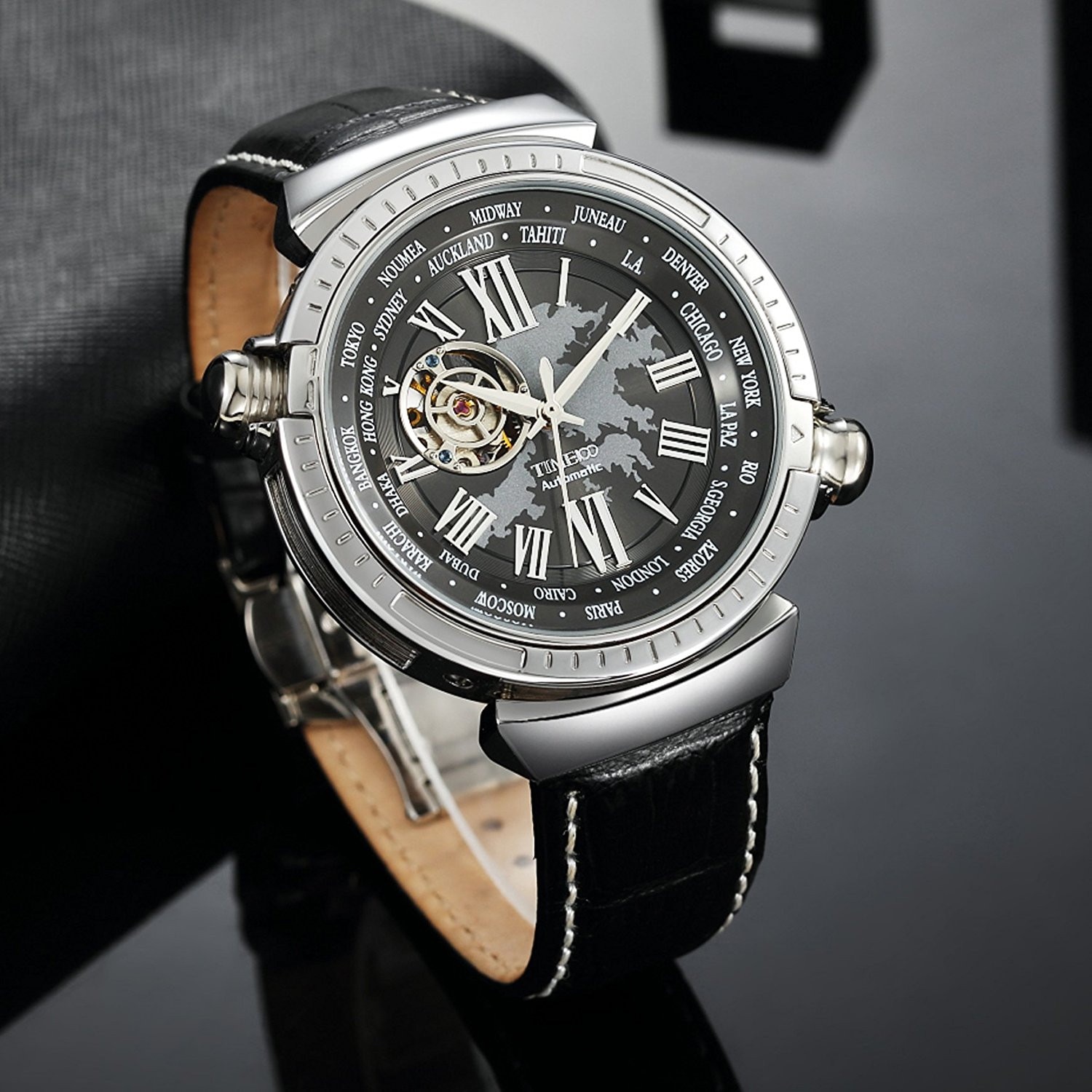 Ceas automatic GMT business elegant argintiu cu negru pentru barbati ...