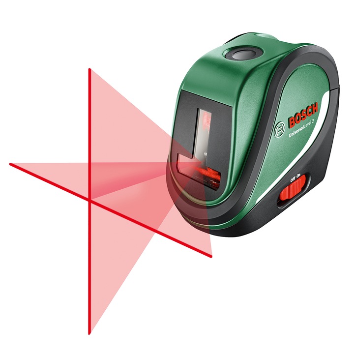 Nivela laser cu linii Bosch UniversalLevel 2, 10 m domeniu lucru, 635-650 nm dioda laser, ± 4° autonivelare, 120° unghi deschidere, ± 0.5 mm/m precizie, 1/4" filet stativ, baterii