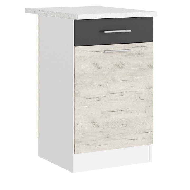 Corp inferior bucatarie, ECO 500 cu blat, Everest Mebel, 1 sertar/1 usa, 50 x 85 x 46 cm, Alb/Kraft stejar alb