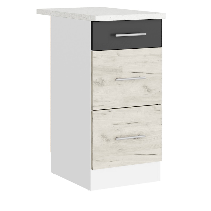 Corp inferior bucatarie, ECO 400 cu blat, Everest Mebel, 3 sertare, 40 x 85 x 46 cm, Alb/Kraft stejar alb