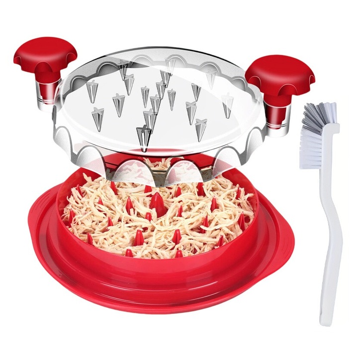 Csirkehús daráló, Golxmse®, kefével és nyéllel, ergonomikus nyél, BPA-mentes, mosogatógépben mosható, csúszásmentes talppal, 25×25×8,5 cm, piros