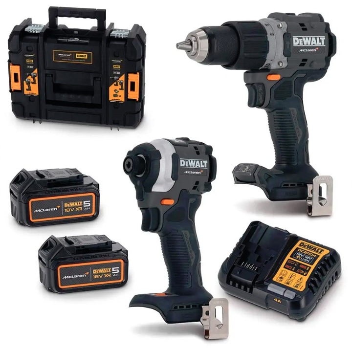 Комплект от 2 инструмента Dewalt McLaren Limited Edition 18V: DCD85M, DCF85M, 2 x DCBP518-XJ 5.0 Ah, зарядно устройство XR Li-Ion DCB1104, куфар TSTAK II