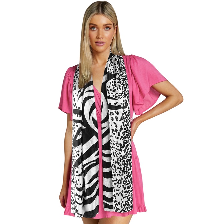 Esarfa dama, din satin de matase, Allizban®, cu imprimare leopard, 180x90cm, Alb/Negru