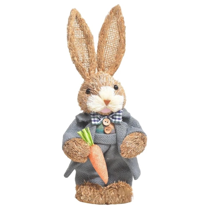 Сламена фигурка на заек, 15x32 см, комплект от 6 части, великденска декорация, сива