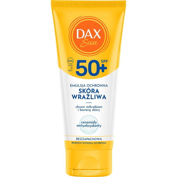 Emulsie de protectie solara pentru piele sensibila DAX, SPF 50+, 100 ml, fara parfum, rezistenta la apa