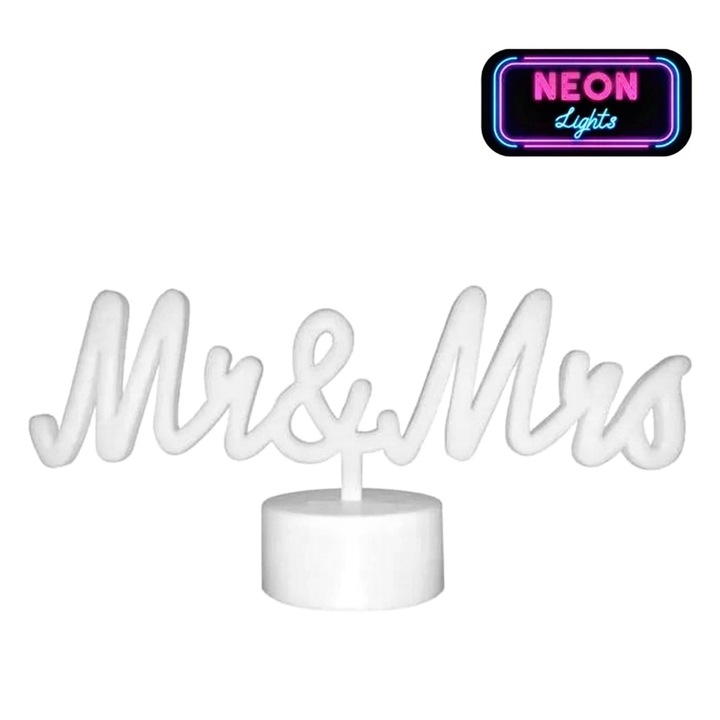 LED настолна лампа, сватбена "Mr&Mrs", Neon, бял цвят, на батерии с USB зареждане, 30x13, 5см
