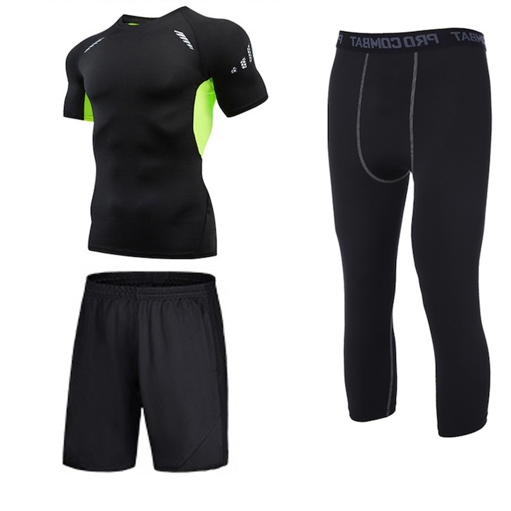 Costum sport Enforose, set 3 piese, material poliester, design ajustat, negqfru, pentru antrenament, Negru