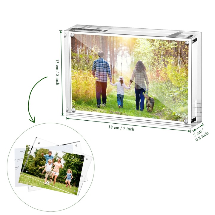 Rama foto acrilică transparentă, 13x18cm, două fețe, ideală pentru birou
