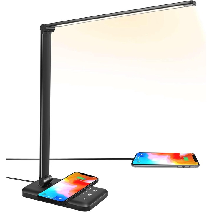 Настолна лампа LED с безжично зарядно за телефон iOS и Android, Ideas4Comfort®, 5 режима на осветление, 5 нива на яркост, сензорно управление, черна