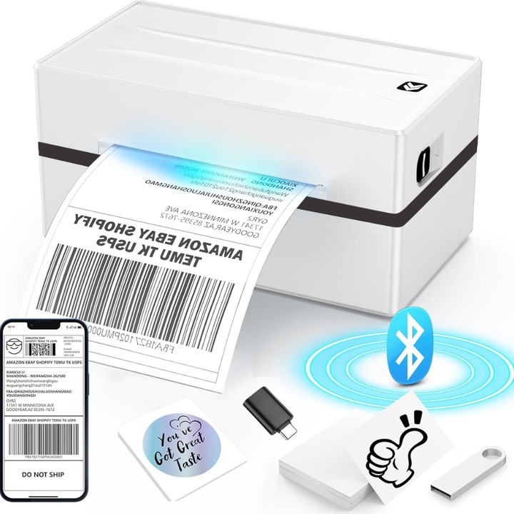 Термичен принтер VITTALIST за етикети и товарителници, преносим, Kачество 203 DPI, скорост на печат 15 см/сек, Mаксимална ширина на печат 104 мм, без Mастило/тонер, свързване чрез Bluetooth и USB, Cъвместим с iOS / Android / Windows / MacOS, Бяло