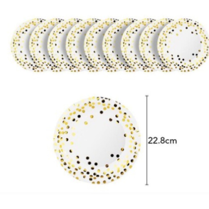 10 darabos tányérkészlet, 23 cm átmérőjű, fehér/arany