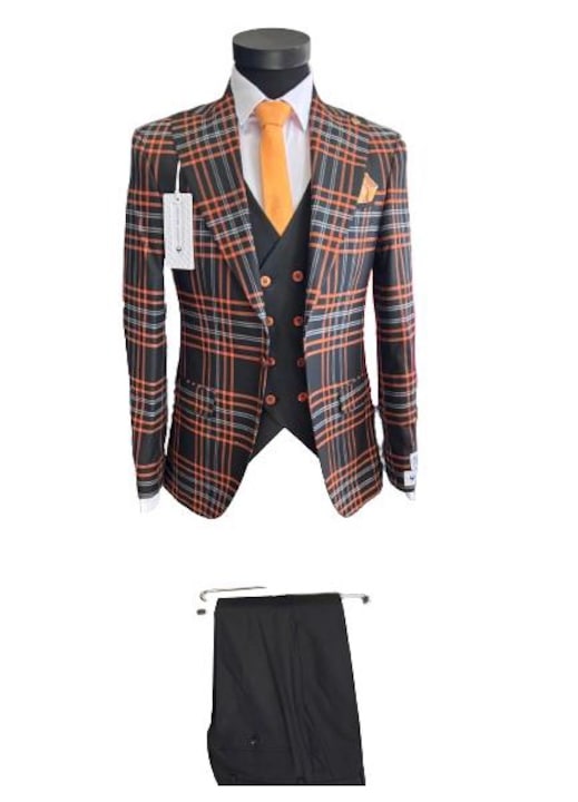 Costum cu Carouri pentru Barbati AR-5, Negru/Gri deschis/Portocaliu