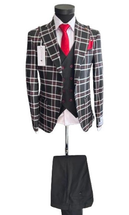 Costum cu Carouri pentru Barbati AR-5, Alb/Negru/Rosu inchis