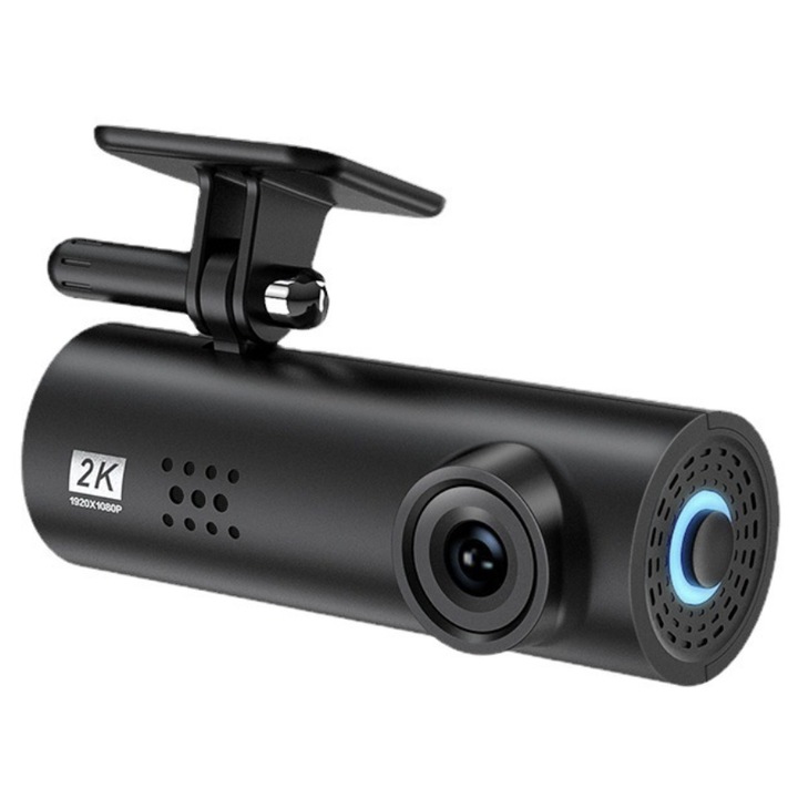 Умна автомобилна камера Smart Dash Cam 1S, N2L Store®, сензор Sony IMX307, ултракомпактна, предупреждение за сблъсък, цикличен запис, 170 градуса широкоъгълен ъгъл, Full HD 1080P, нощно виждане, Wi-Fi, гласово управление, черна