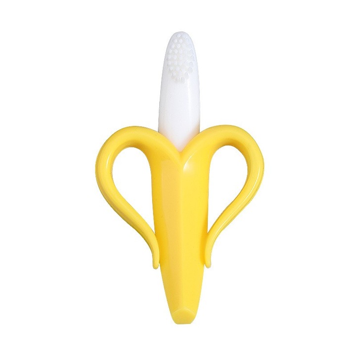 Preiuta de Dinti pentru Bebelusi, in Forma de Banana, cu manere de prindere, material silicon non-toxic, fara miros, 10.5x5.9 cm, galben
