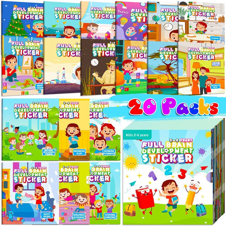 Set de 20 carti cu abtibilduri, JESWO®, dezvoltare cognitiva, imaginatie, 2-6 ani