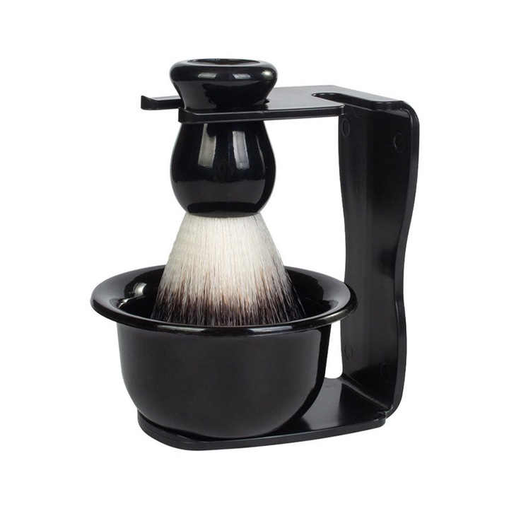 Borotválkozásszervező készlet állvánnyal, tállal és kefével, JESWO, nylon/ABS, fekete, 9x4,5 cm