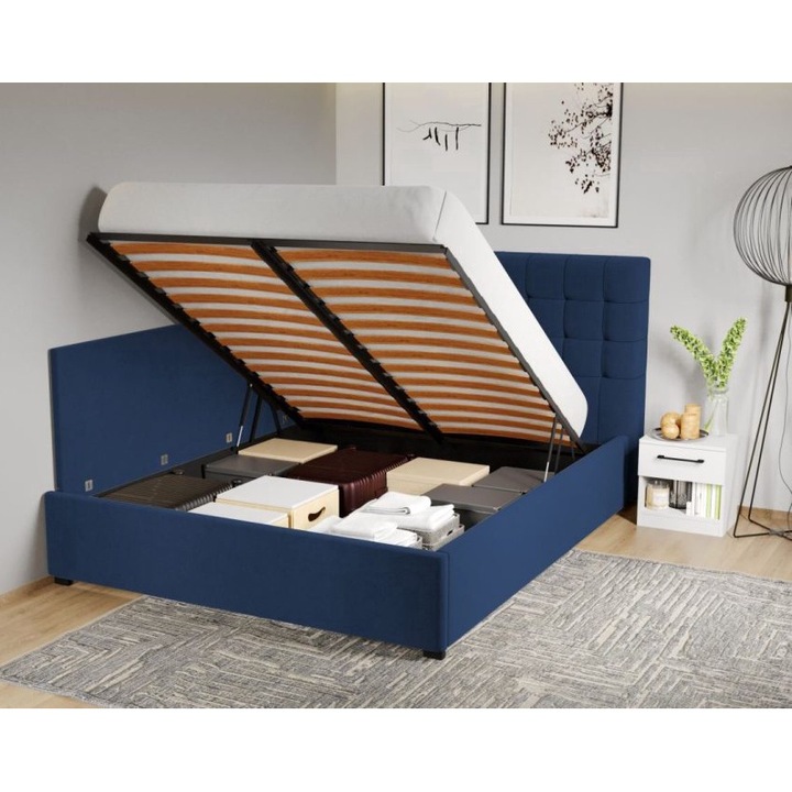 Pat Tapitat de colt, pentru Saltea de 190, Rivo Rabatabil, 180x190, Albastru inchis/Riviera 81