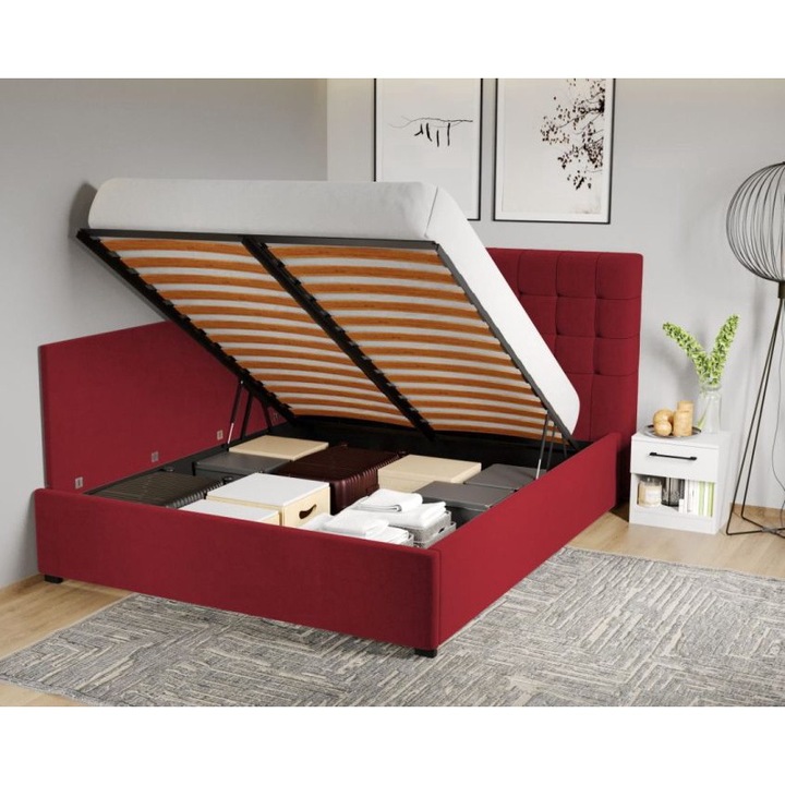 Pat Tapitat de colt, pentru Saltea de 190, Rivo Rabatabil cu lada, 160x190, Visiniu/Riviera 61