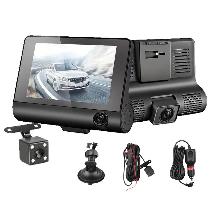Camera auto, JESWO®, 4 inch, 1080P Full HD, 3 lentile, monitorizare parcare, noapte, Negru