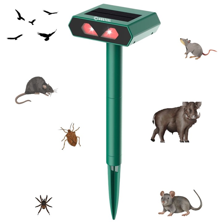 Aparat profesional cu panou solar si lumini stroboscopice CLAUSTEEL 2 in 1, lumini stroboscopice, senzor infrarosu, senzor de lumina, anti rozatoare, anti sobolani, dihori, pasari, reptile, caini, animale salbatice, acoperire 120°, raza 15 metri