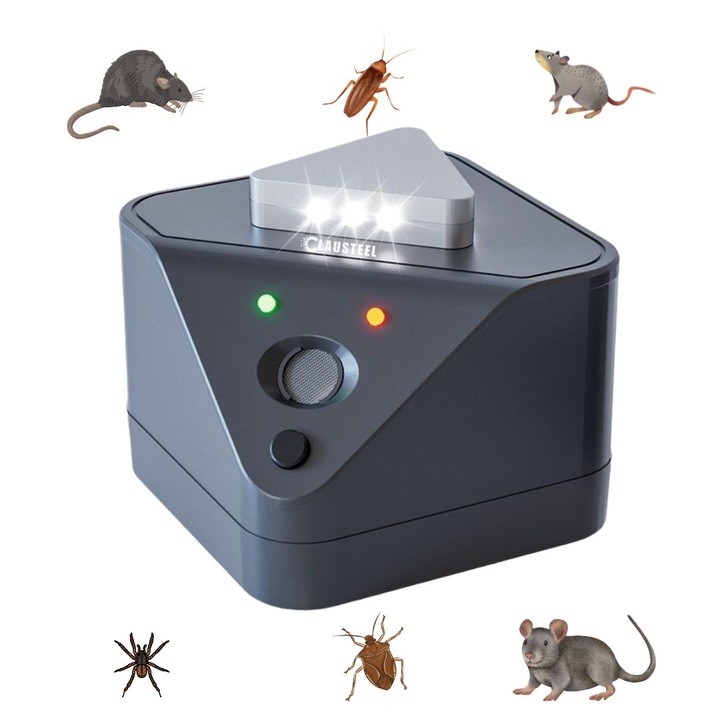 Професионален ултразвуков уред CLAUSTEEL с 2 високоговорителя, 9 мигащи светлини, анти гризачи, анти плъхове, анти насекоми, честота 20kHz-65kHz, 360° покритие, 400 MP радиус, черен меланж