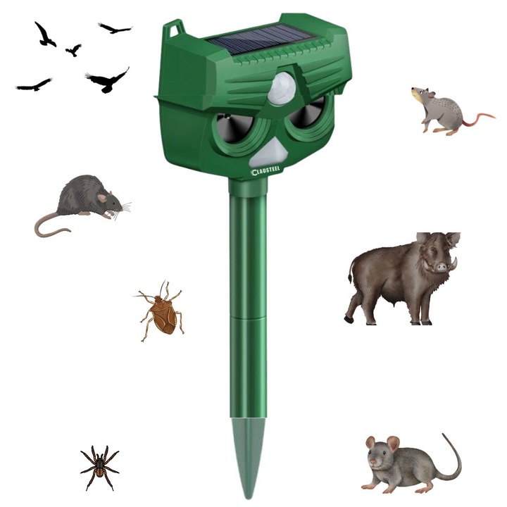 CLAUSTEEL 4в1 професионален ултразвуков уред и соларен панел, стробоскопи, аларма 120 DB, сензор за движение, анти гризачи, анти плъхове, порове, птици, влечуги, кучета, котки, диви животни, 360° покритие, 8 м, морско зелено