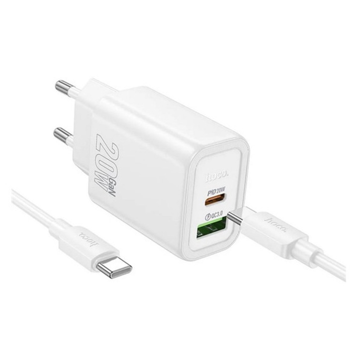 Hoco n61 hálózati töltő usb+type-c aljzat, 20w, pd gyorstöltő 3.0 + type-c kábel, fehér