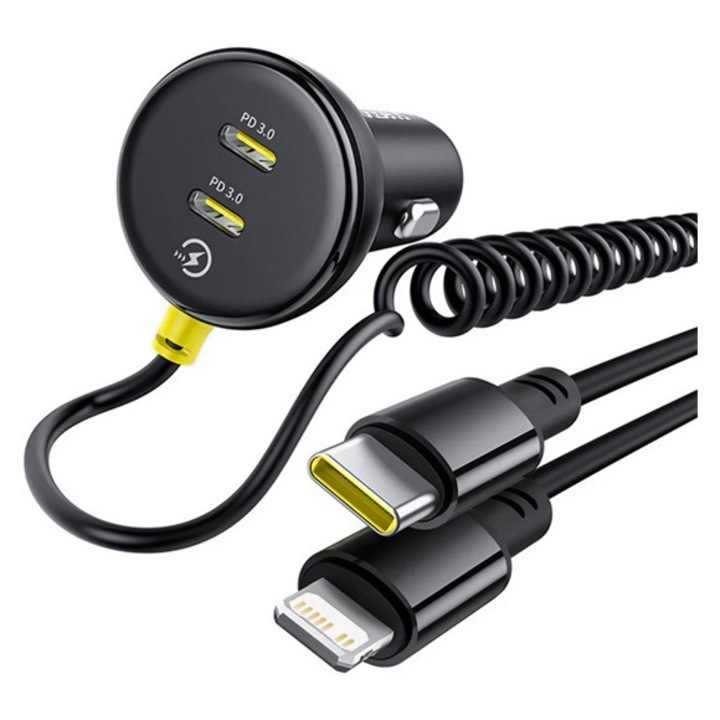 Baseus autós töltő 2 type-c aljzat, 27w, pd gyorstöltő + fix spirál type-c - lightning kábel, fekete
