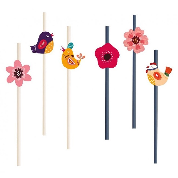 Set 6 paie din hartie, cu pasari si flori, multicolore