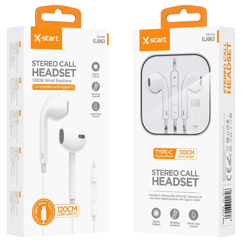 Casti cu Cablu Type-C 120cm, X-Start EJ063, Compatibile iPhone 15/16 si Android, Microfon si Control volum, Alb