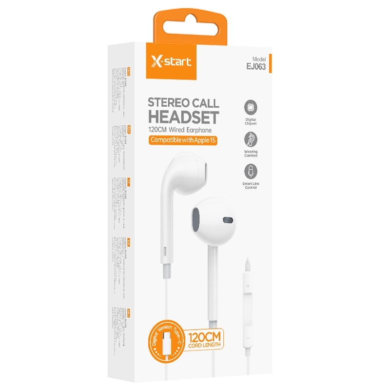 Casti cu Cablu Type-C 120cm, X-Start EJ063, Compatibile iPhone 15/16 si Android, Microfon si Control volum, Alb