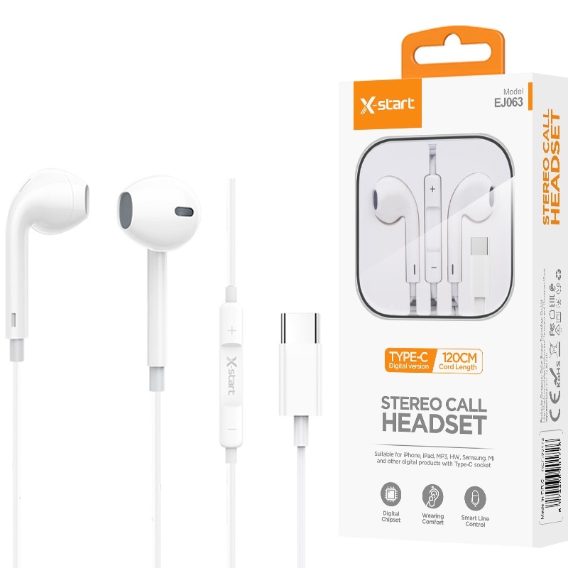 Casti cu Cablu Type-C 120cm, X-Start EJ063, Compatibile iPhone 15/16 si Android, Microfon si Control volum, Alb