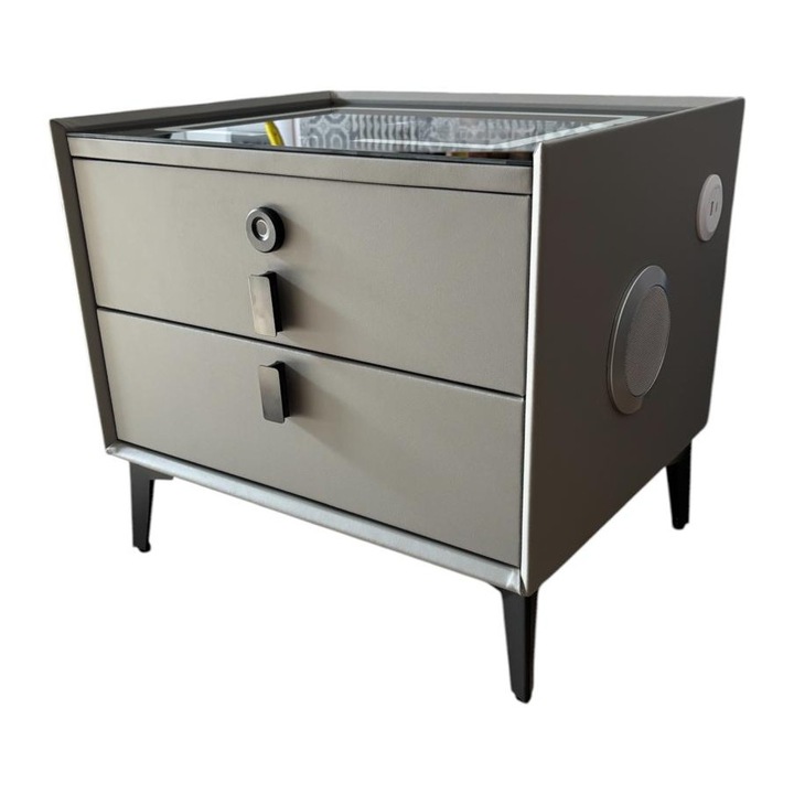 Noptiera Smart cu Iluminare LED, Incarcare Wireless, 2 boxe Bluetooth si securizare sertar cu amprenta, 50 x 40cm, H 45cm, AVI-4875