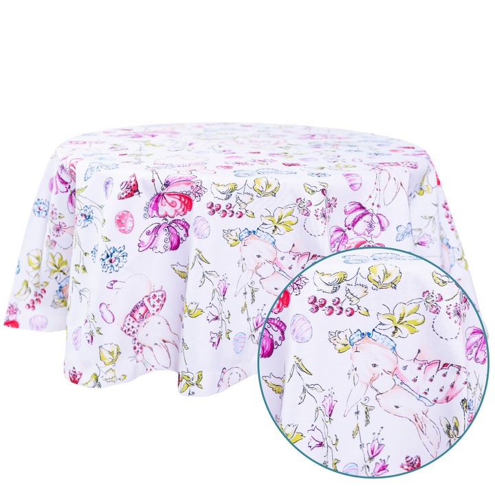 Kerek terítő, Húsvéti minta, Krém, Teflon bevonatú pamut, Bosfor Decor, Mérete 170 cm