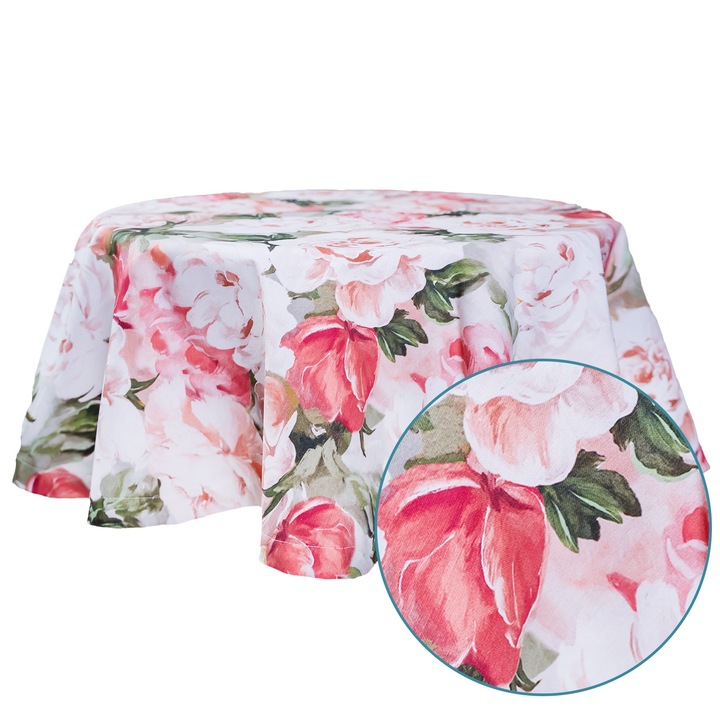 Kerek terítő, Virágmintás, Pünkösdi rózsa, Többszínű, Teflon bevonatú pamut, Bosfor Decor, Mérete 170 cm