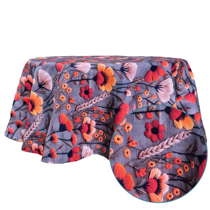Kerek terítő, Szürke, Virágmintás, Többszínű, Teflon bevonatú pamut, Bosfor Decor, Mérete 120 cm
