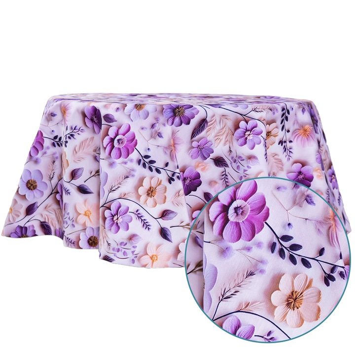 Kerek terítő, Rózsaszín, Virágmintás, Többszínű, Teflon bevonatú pamut, Bosfor Decor, Mérete 170 cm