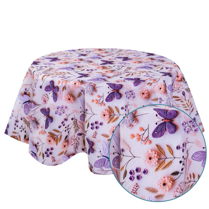 Kerek terítő, Lila, Pillangó mintás, Többszínű, Teflon bevonatú pamut, Bosfor Decor, Mérete 170 cm