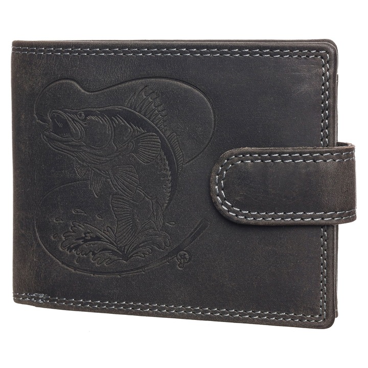 Мъжки портфейл, Berledor, черен, кожа, шарка щука, за риболовци, 12 х 9, 5 х 3 см